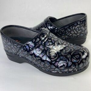Dansko LT PRO Clogs Womens 42 11.5 12 Black Patent Metallic Floral